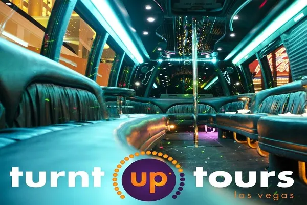Turnt Up Tours Las Vegas nightclub party bus tour with guests celebrating during a Strip club crawl