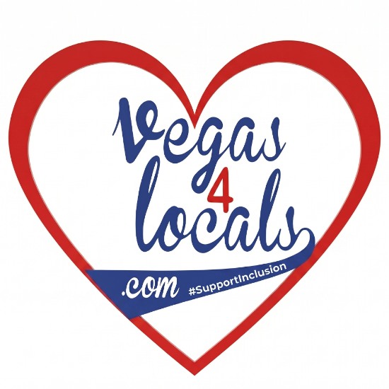 The Vegas4Locals logo featuring a large bright red heart outline. Inside, the handwritten blue script reads 'Vegas' and 'locals' with a red number '4' centered between them. At the bottom point of the heart, a dark blue swooping banner contains the website text '.com' in a white script font, followed to the right by the hashtag '#SupportInclusion' in a clean, white, sans-serif font angled along the banner.