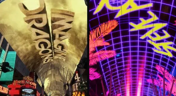 Viva Vision canopy at Fremont Street Experience in downtown Las Vegas featuring Imagine Dragons and Steve Aoki light show visuals