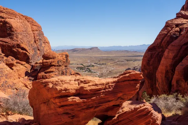 Red sandstone formations and Las Vegas Valley views from Calico Basin at Red Rock Canyon