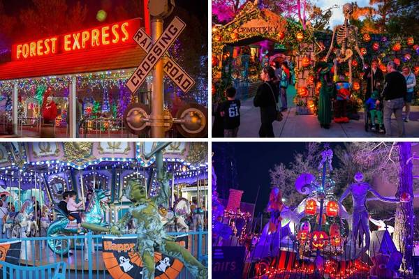 Families enjoying Halloween lights and attractions at HallOVeen inside Opportunity Village's Magical Forest in Las Vegas.