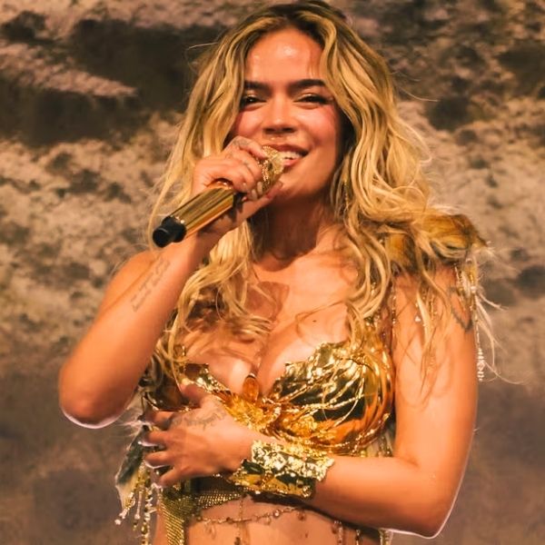 Karol G performing live during the Viajando Por El Mundo Tropitour at Allegiant Stadium in Las Vegas.