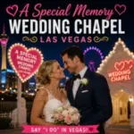 A happy couple celebrates their wedding outside A Special Memory Wedding Chapel in Las Vegas.