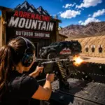 A guest fires a mounted machine gun during the Adrenaline Mountain Outdoor Shooting experience in the Las Vegas desert.