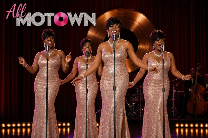 Four women in gold sequin gowns sing at vintage microphones beneath the All Motown title on a retro-soul stage.