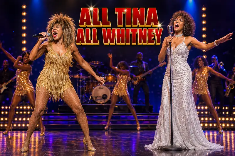 Tina Turner tribute artist in a gold fringe dress and Whitney Houston tribute artist in a silver gown perform with dancers and a live band in Las Vegas.