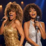 Tina Turner and Whitney Houston tribute artists perform side by side in gold and silver stage costumes.