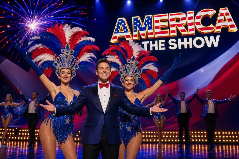 Tuxedoed host and blue-sequined showgirls in red, white, and blue feathered headdresses perform beneath patriotic stage fireworks in America The Show.