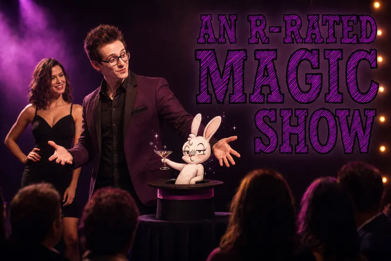 Magician performs with a rabbit-themed martini trick during An R-Rated Magic Show in Las Vegas.