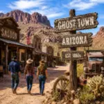 Visitors explore a historic Arizona ghost town with Old West buildings, vintage vehicles, and rugged desert scenery on a Wild West day trip from Las Vegas.