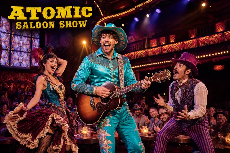 Turquoise-costumed cowboy musician performs with saloon entertainers beneath the Atomic Saloon Show title in Las Vegas.