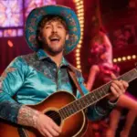 Turquoise-costumed cowboy musician sings while playing guitar at Atomic Saloon Show.