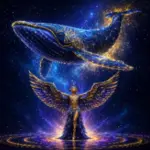 Blue-and-gold celestial whale above a winged fantasy performer for Awakening in Las Vegas.