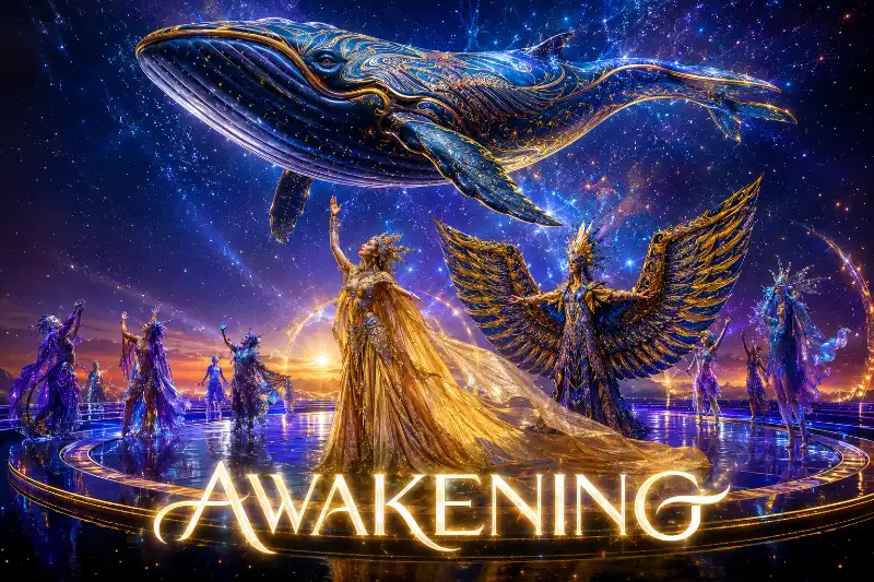 Celestial blue-and-gold whale floats above gold-winged fantasy performers during Awakening in Las Vegas.
