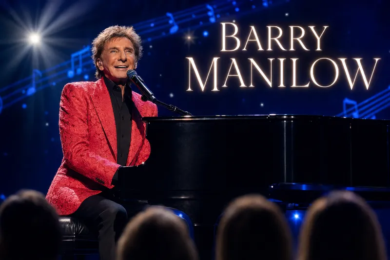 Barry Manilow performs at a grand piano beneath blue musical-note lights in Las Vegas.