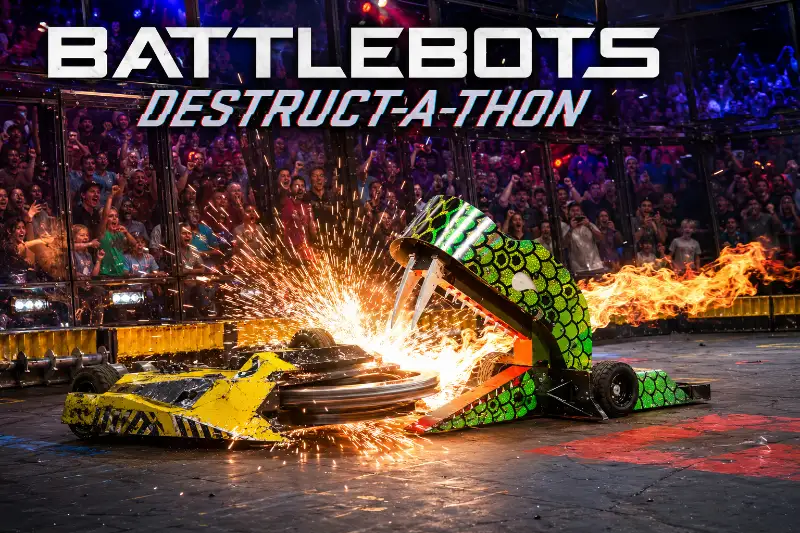 Green jaw robot battles a yellow spinning robot amid sparks and flames as the BattleBots audience cheers in Las Vegas.