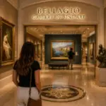 Visitors admire classic artwork inside the elegant Bellagio Gallery of Fine Art in Las Vegas, featuring rotating museum exhibitions in an intimate gallery setting.