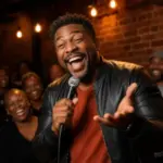 Black comedian laughs while performing with a microphone before a comedy-club audience.