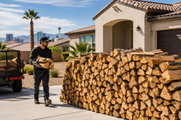 Big Ron's Wood delivery worker stacking split firewood at a Las Vegas Valley home