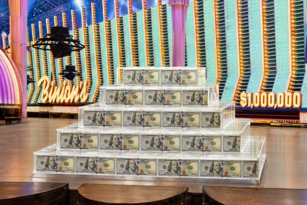 Binion’s Million Dollar Display featuring stacked $100 bills inside Binion’s Gambling Hall in downtown Las Vegas.