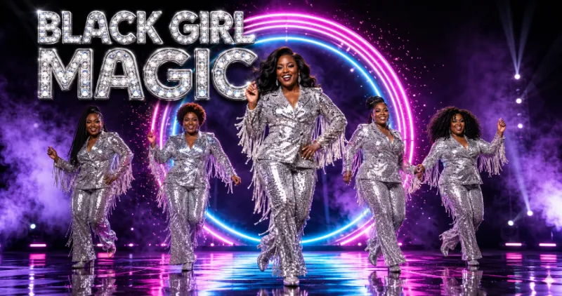 Black female entertainers pose in sparkling silver costumes beneath the Black Girl Magic title on a neon-lit Las Vegas stage.
