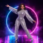 Black female stage entertainer poses in a sparkling silver costume before a colorful neon ring.