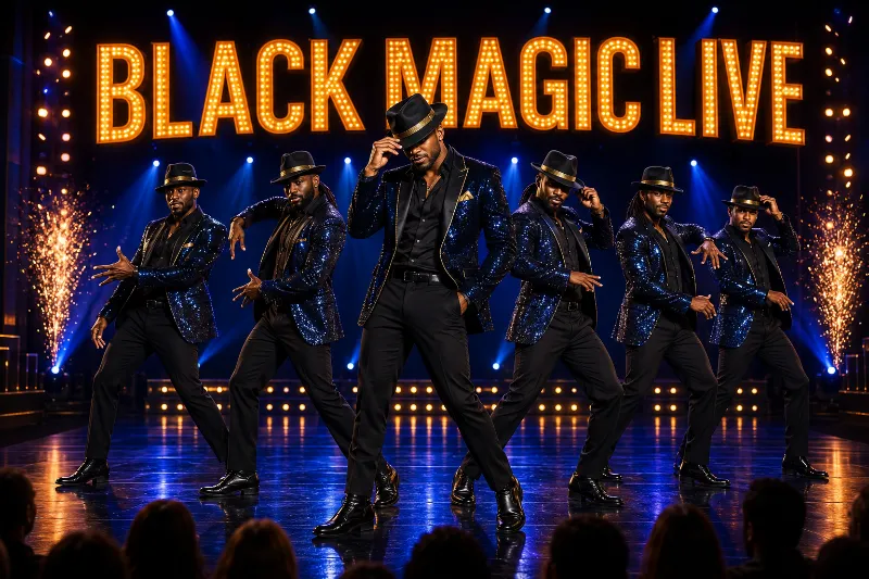 Black male entertainers perform in sparkling blue jackets and fedoras beneath the Black Magic Live marquee in Las Vegas.