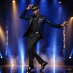 Black male stage entertainer tips his fedora while performing under dramatic blue and gold lights.