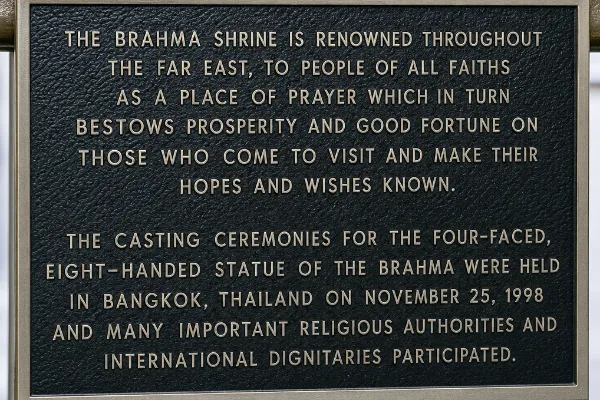 Description plaque for the Shrine of Four-Faced Brahma at Caesars Palace in Las Vegas