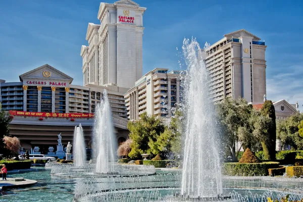 Fountains, classical statues, and landscaping outside Caesars Palace in Las Vegas