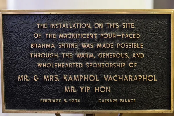 Dedication plaque for the Brahma Shrine at Caesars Palace in Las Vegas