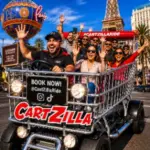 Smiling tourists ride the CartZilla shopping cart tour along the Las Vegas Strip with the Bellagio Fountains and Paris Las Vegas in the background.