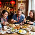Guests sampling vegan dishes on a Las Vegas Chinatown food tour.