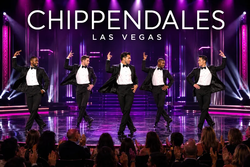 Chippendales dancers perform synchronized tuxedo choreography before an applauding Las Vegas audience.