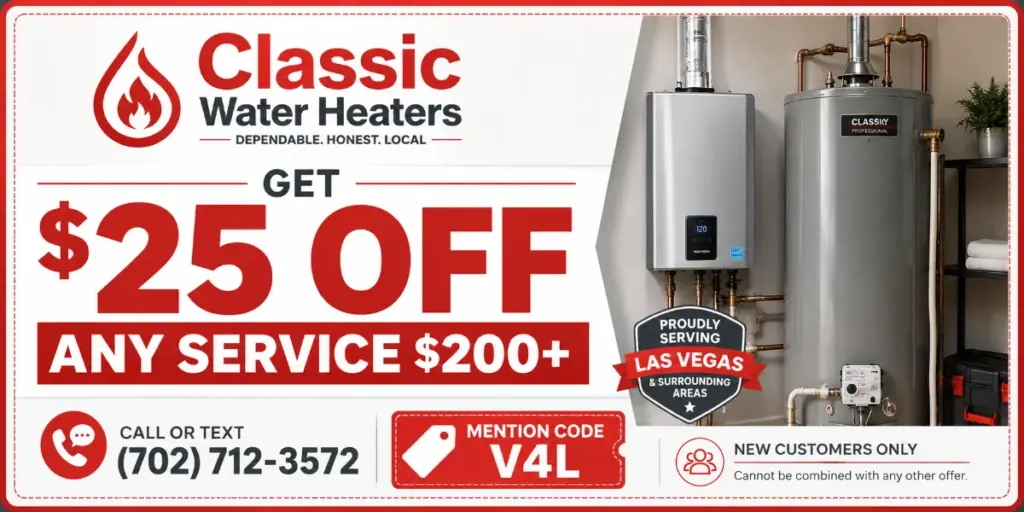 Classic Water Heaters coupon offering $25 off any service of $200 or more for new customers in the Las Vegas area