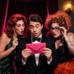 Three ClueX characters examine a hot-pink mystery envelope with exaggerated surprise.