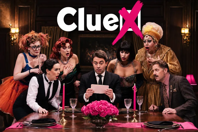 The eccentric ClueX cast reacts to a mysterious message around a formal mansion dining table.