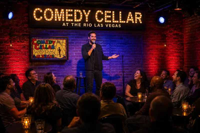 A stand-up comedian performs before a laughing audience inside the intimate Comedy Cellar at the Rio Las Vegas.