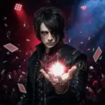 Angel creates a glowing illusion surrounded by suspended playing cards and dramatic red and blue stage lighting.