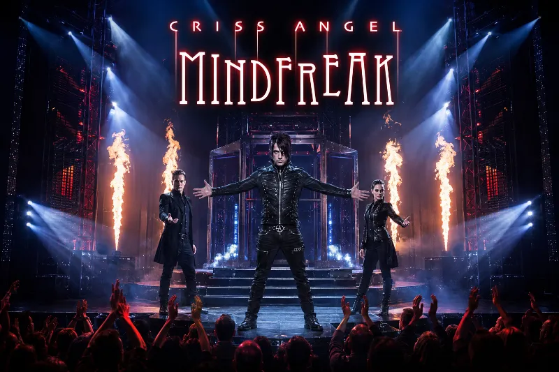 Criss Angel commands the MINDFREAK stage amid towering flames, theatrical lighting, supporting performers, and an excited Las Vegas audience.