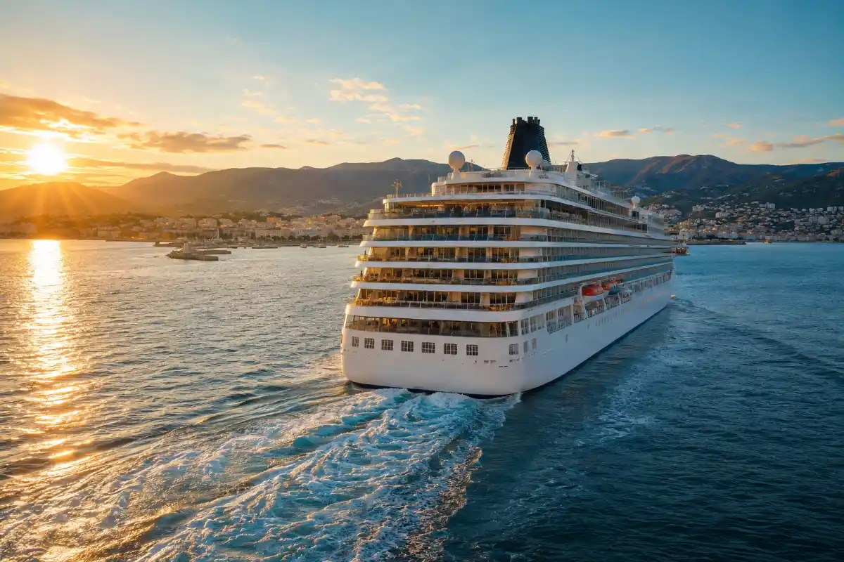 A modern cruise ship sails from a scenic coastal port at sunset with mountains in the background.