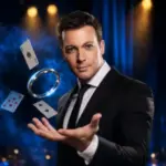 Magician David Goldrake presents a floating silver ring and playing cards against a blue-lit theater backdrop.