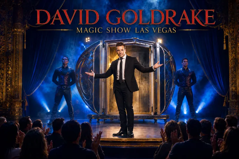 David Goldrake welcomes the audience from an ornate illusion chamber during his grand magic show in Las Vegas.