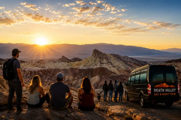 Visitors watching a Death Valley sunset transition into a star-filled night sky during a guided tour from Las Vegas