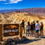 A guide leads visitors through the colorful badlands of Death Valley National Park during a daytime sightseeing tour from Las Vegas.