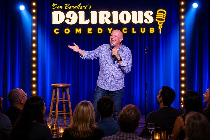 Don Barnhart performs before a laughing audience on the blue-lit Delirious Comedy Club stage in Las Vegas.