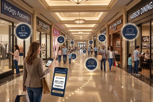 Woman in an upscale indoor mall uses a digital coupon app to find deals and discounts from nearby retail stores.