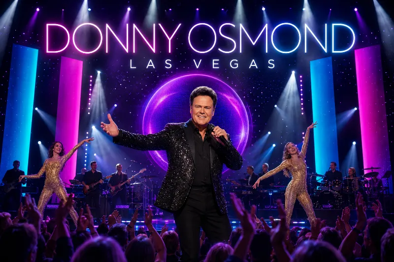 Donny Osmond performs with dancers and a live band beneath colorful concert lights before an enthusiastic Las Vegas audience.