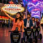 A group of people stop for a photo of themselves while participating in a Segway Tour in Las Vegas with the Fremont Street Experience in view.