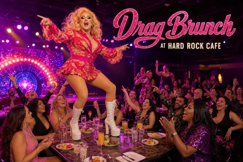 Glamorous drag performer dancing on a brunch table as an enthusiastic Las Vegas audience cheers at Drag Brunch at Hard Rock Cafe.